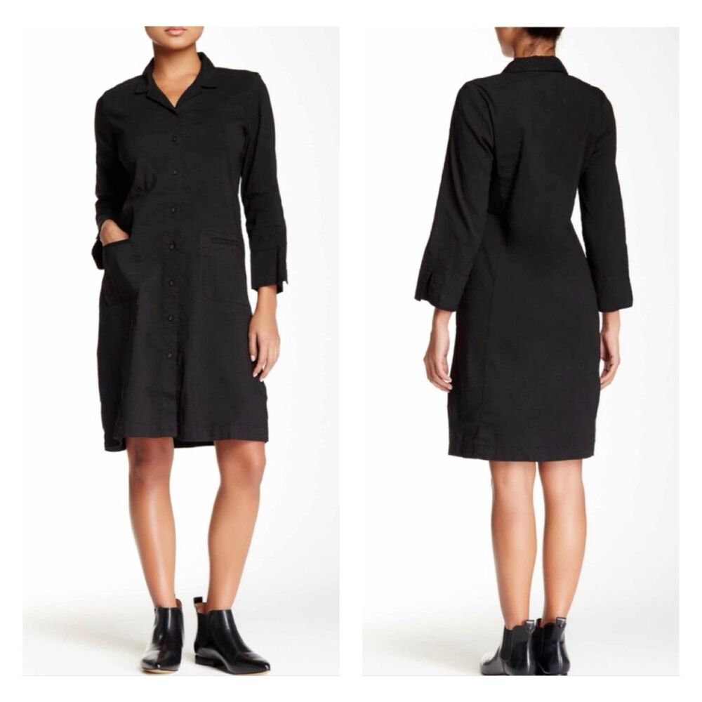 EILEEN FISHER Organic Linen Blend Long Sleeve Shirt Dress Pockets, Black, Sz L